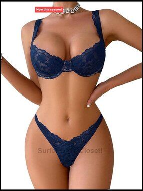 2pc Lace Lingerie Set Underwire Push Up Bra & Thong Sheer Sexy Plus Size